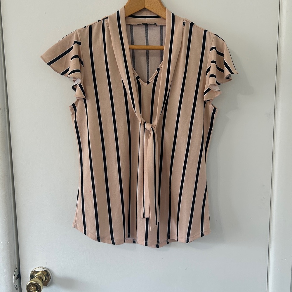 Striped V-Neck Blouse - Pink and Black